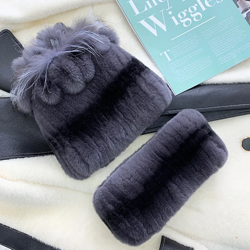 2024 New Winter women Warm Real Rex Rabbit Fur Hat With Natural Rex Rabbit Fur Scarf 2 Pieces Sets Fashion Headgear And Muffler