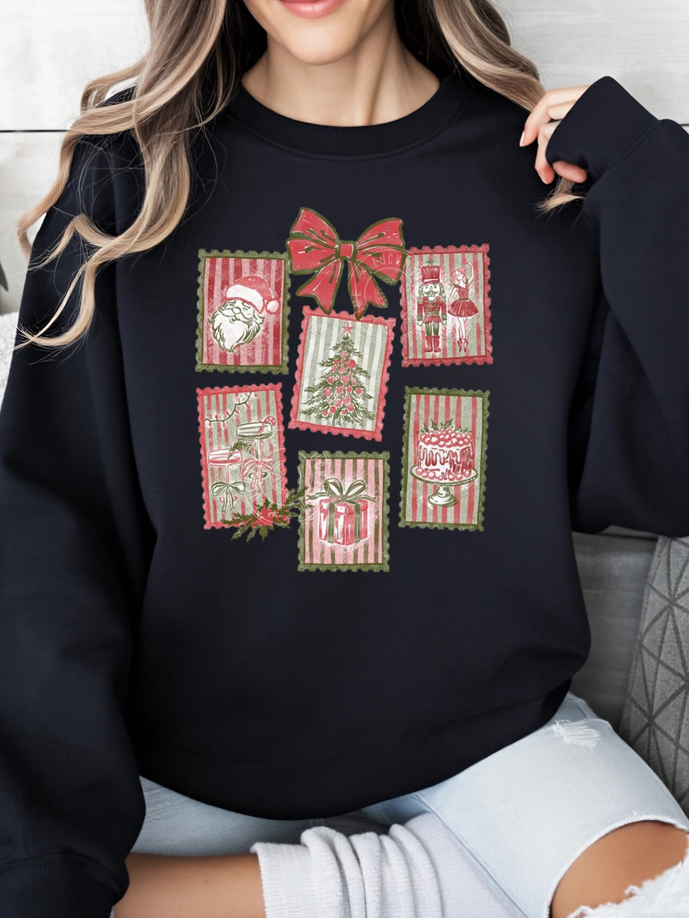 

Рождественский винтажный Санта-Елка Щелкунчик Подарочный узор Праздничный свитшот Женская повседневная одежда Домашняя вечеринка Черный Большой размер