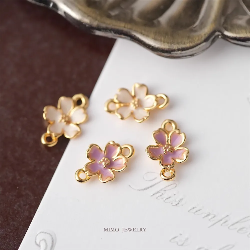 

1PCS 12x7.7mm Copper Plated with Real Gold, Double-hanging, Fresh and Light Oil-dripping Cherry Blossom DIY Handmade Accessories