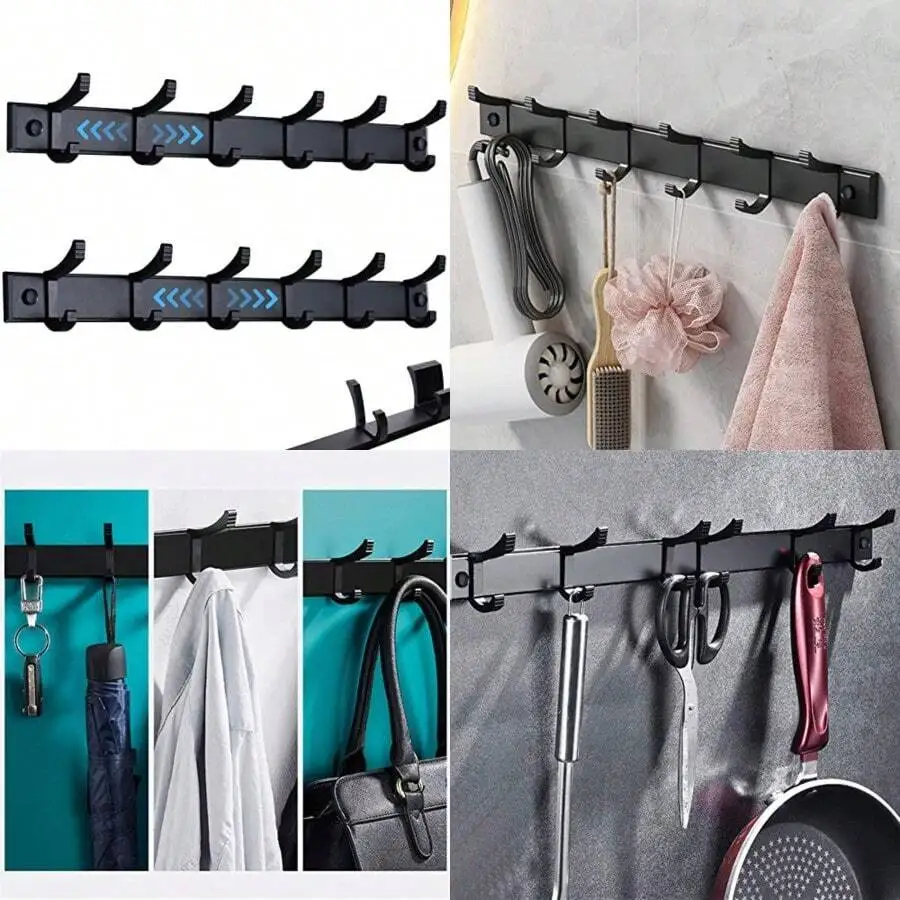 Coat Rack Wall Mount 2 Pcs, Black Wall Coat Rack With 6 Movable Hooks 42.5cm Wall Mounted Coat Rack For Entryway, Bathroom, Kitc