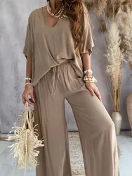 Summer Casual Loose 2Pc Suits Fashion V-neck Blouse And Tie-up Straight Pants Sets Women Elegant Batwing Sleeve Homewear Outfits