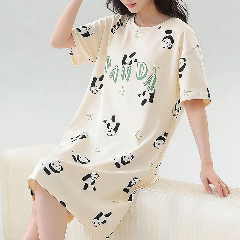 

Women Pajamas Short-Sleeved Nightgown Printed panda Large Size Thin Section of the Mid-Length Skirt Homewear Can Be Worn Outside