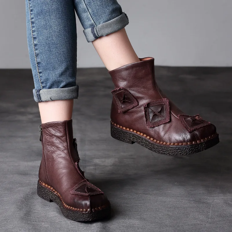 

Birkuir Женские ботинки на толстом каблуке в стиле ретро Ботильоны на молнии Натуральная кожа Ретро Роскошные короткие ботинки на мягкой подошве Женские высокие туфли