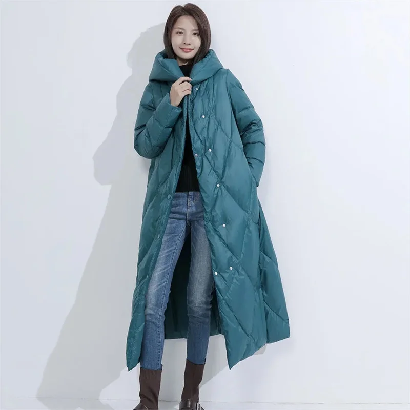 2023 New 50% White Duck Down Down Women\'s Long Knee Thickened Fashion Simple Commuting Loose Winter Wear New Hooded Korean Warm