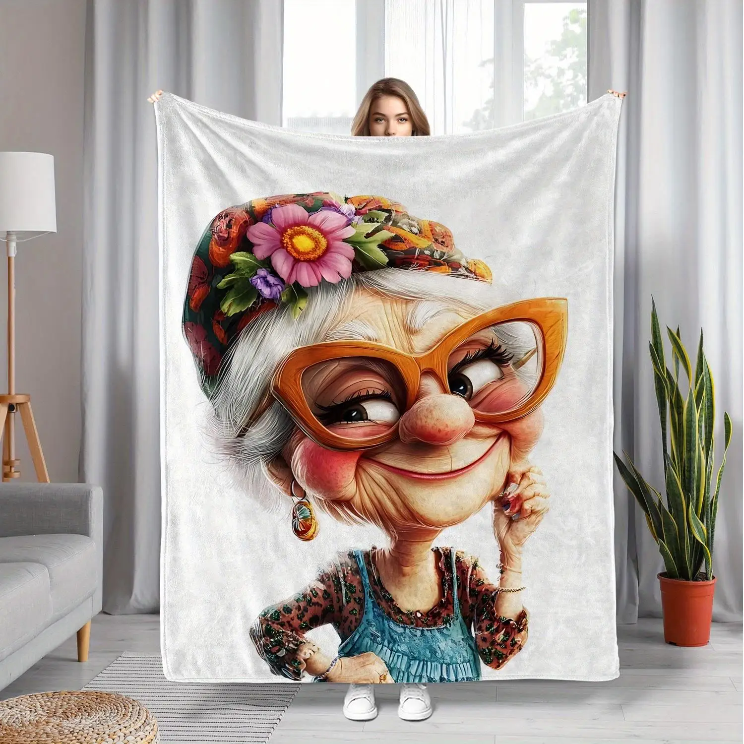 1pc Extra Thick Flannel Blanket Grandma Throw with Glasses Floral Hat Lightweight Warmth for Couch Bed, Travel Machine Washable