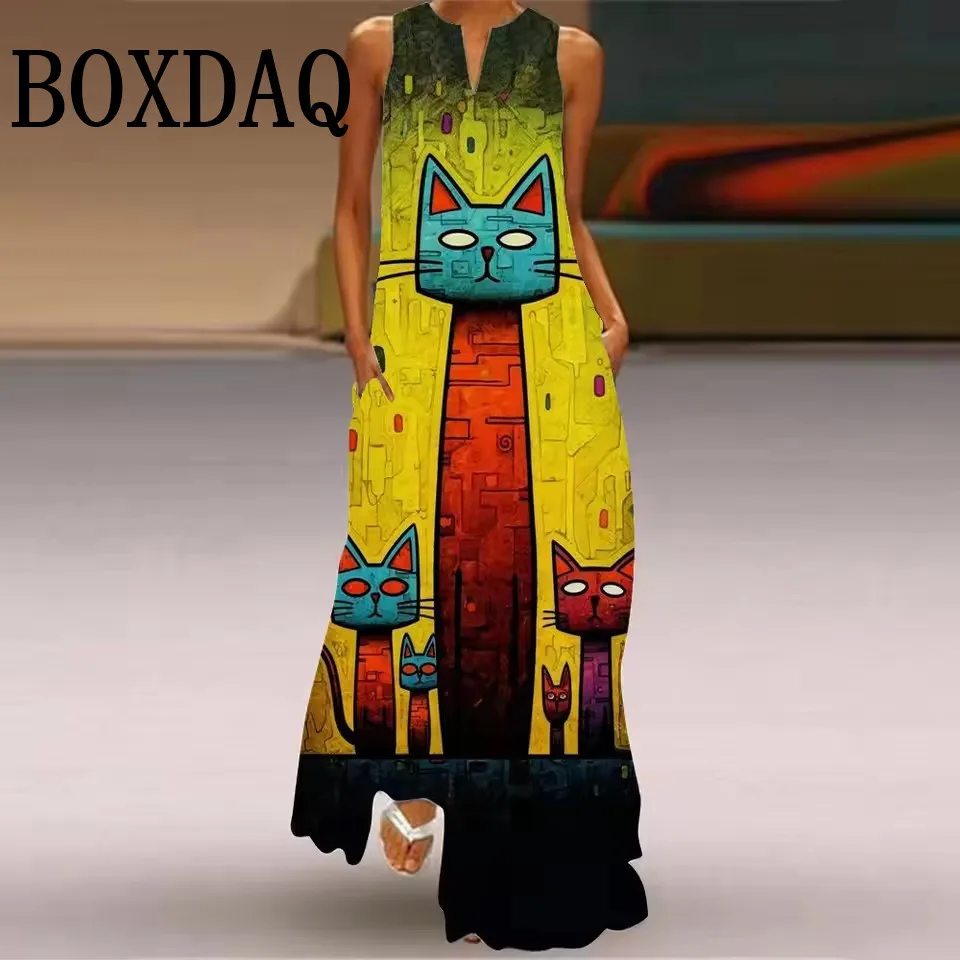 

Элегантное модное женское летнее повседневное платье макси с забавной картиной и принтом кота, вечернее длинное платье, сексуальное женское платье-жилет без рукавов с v-образным вырезом