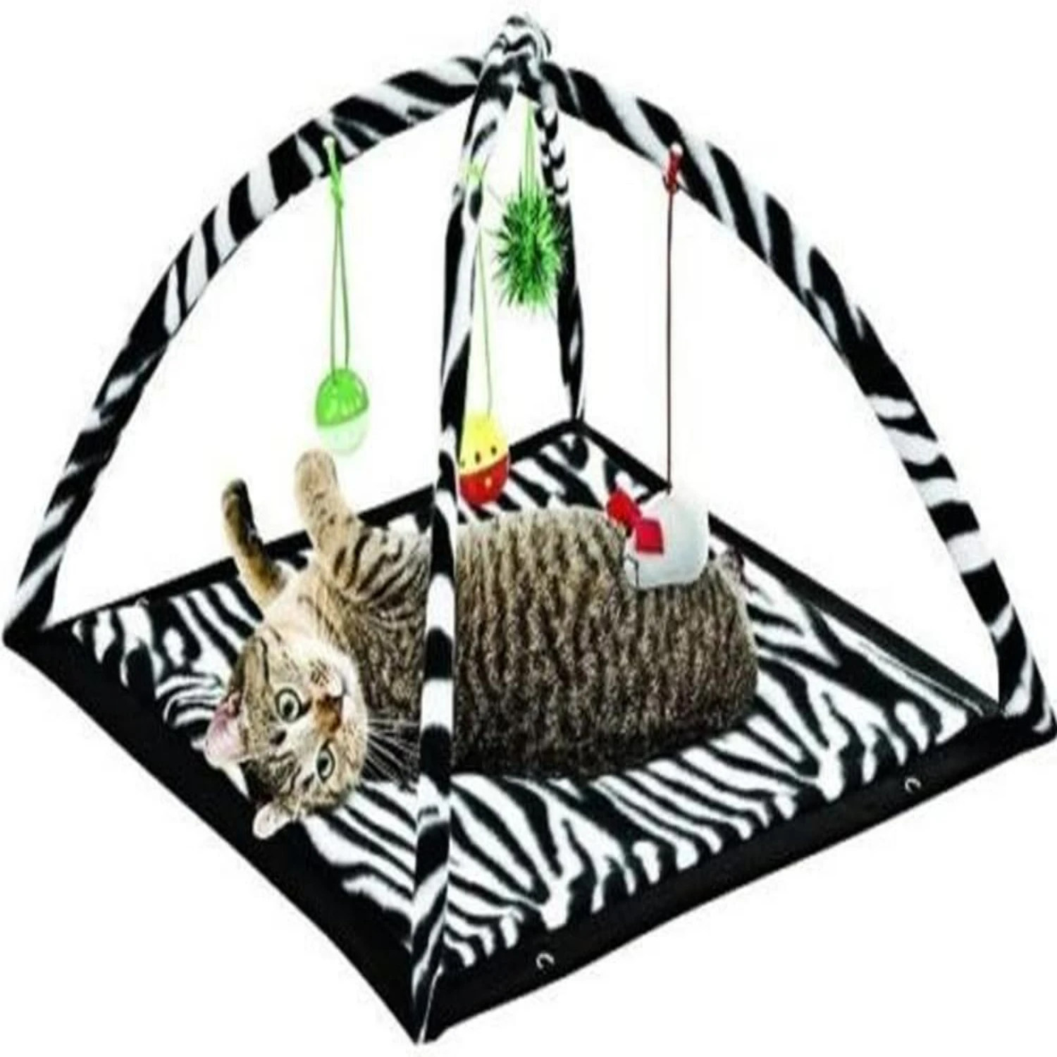 Fun Zebra Print Cat Play Tent with Dangle Toys - Comfortable Bed Pad and Cushion for Pets to Sleep and Play in Kitty Style