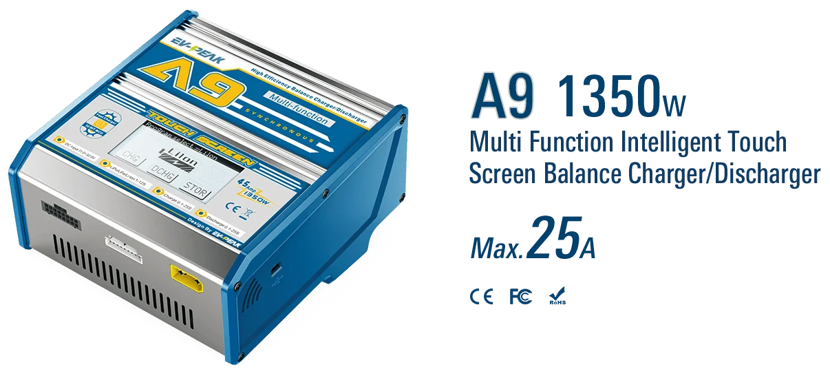 EV-PEAK A9 25A 1350w Multi Function Intelligent Touch Screen Balance Charger/Discharger 1-12S LiPo/LiHV/LiFe 1-20cells NiMH/NiCd