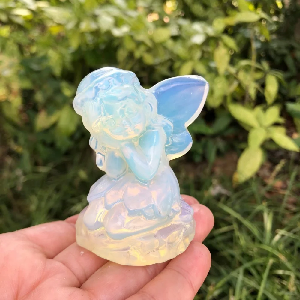 Natural Opalite Hand Carved Fairy Figurine, Flash Blue Crystal Stone Statue, Home Altar Decor, Spiritual Meditation Collectible