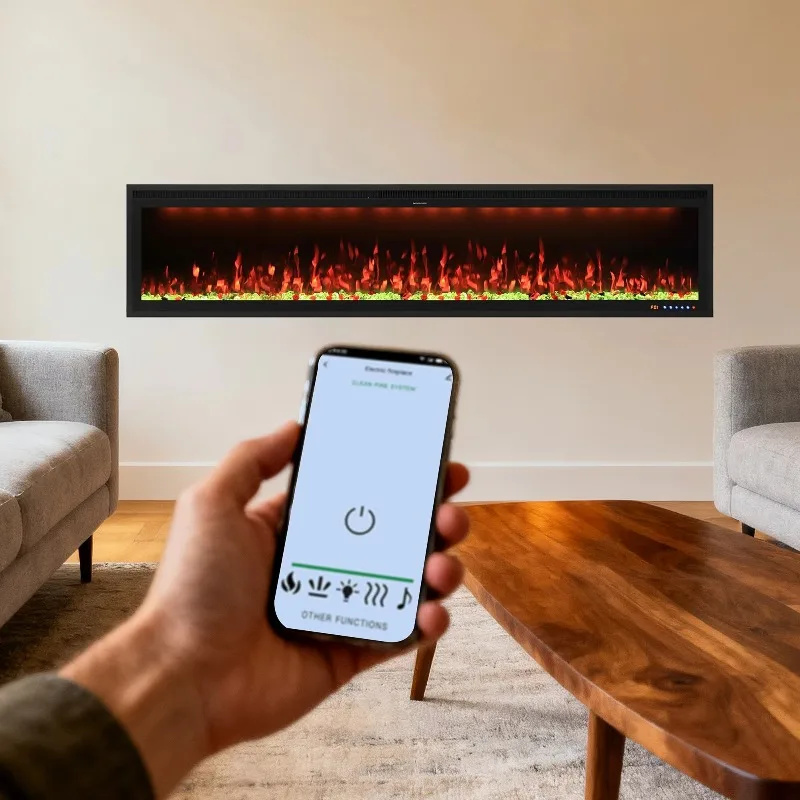88 Inch Large Recessed Wall-Mounted  Fireplace 1500W WiFi Smart Heater LED Flame 13 Colors Alexa  English