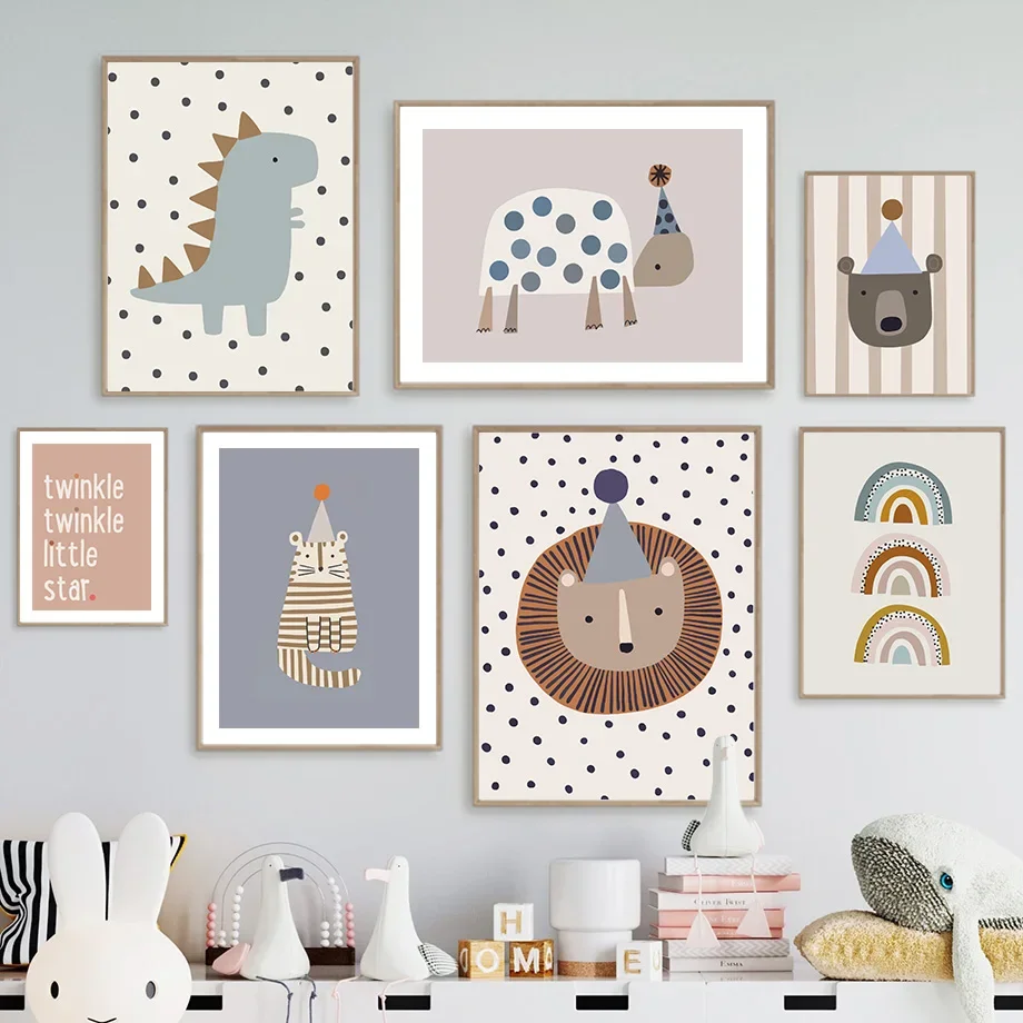 

Boho Animal Rainbow Wall Art Canvas - Lion Turtle Bear Cat Design for Nursery Kids Room Decor Nordic Posters And Prints