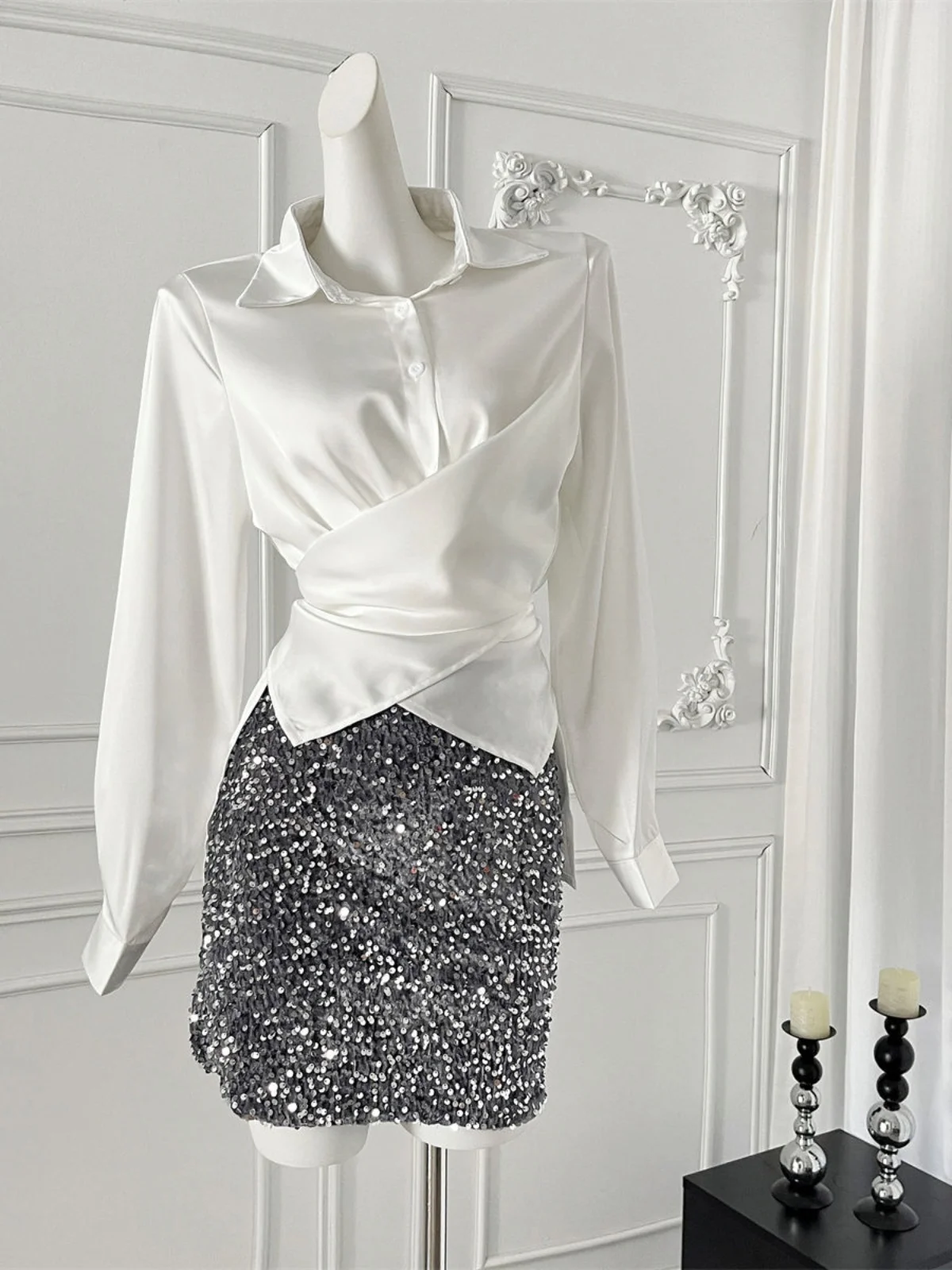 

Женская асимметричная блузка Ele Satin с перекрестной талией и длинными рукавами, премиум-класса, особый дизайн, осенняя мода, для женщин.