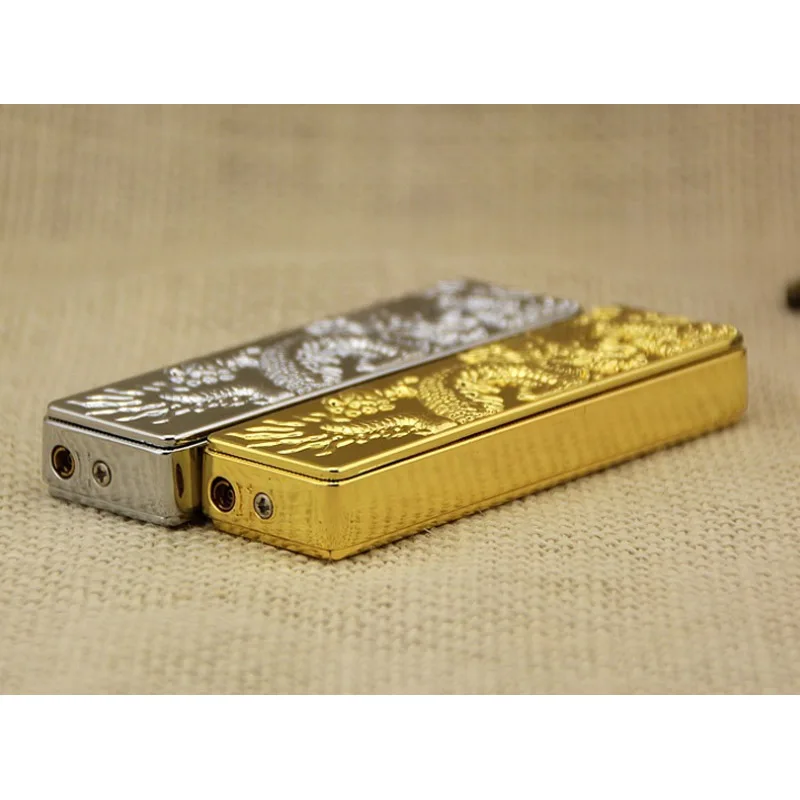 2023 New Metal Embossed Dragon Direct Charge Windproof Lighter Personalized Gold Bar Shape Inflatable Lighter Smoking Tool