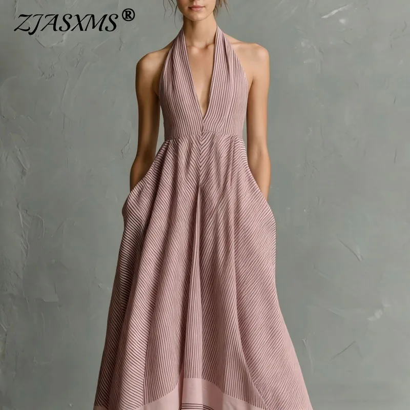 Boho Gestreiftes Maxikleid mit Neckholder und V-Ausschnitt für Damen Ärmelloses Plissiertes Hochgeschnittenes Langes Kleid Lässiges Strand- und Urlaubssommerkleid