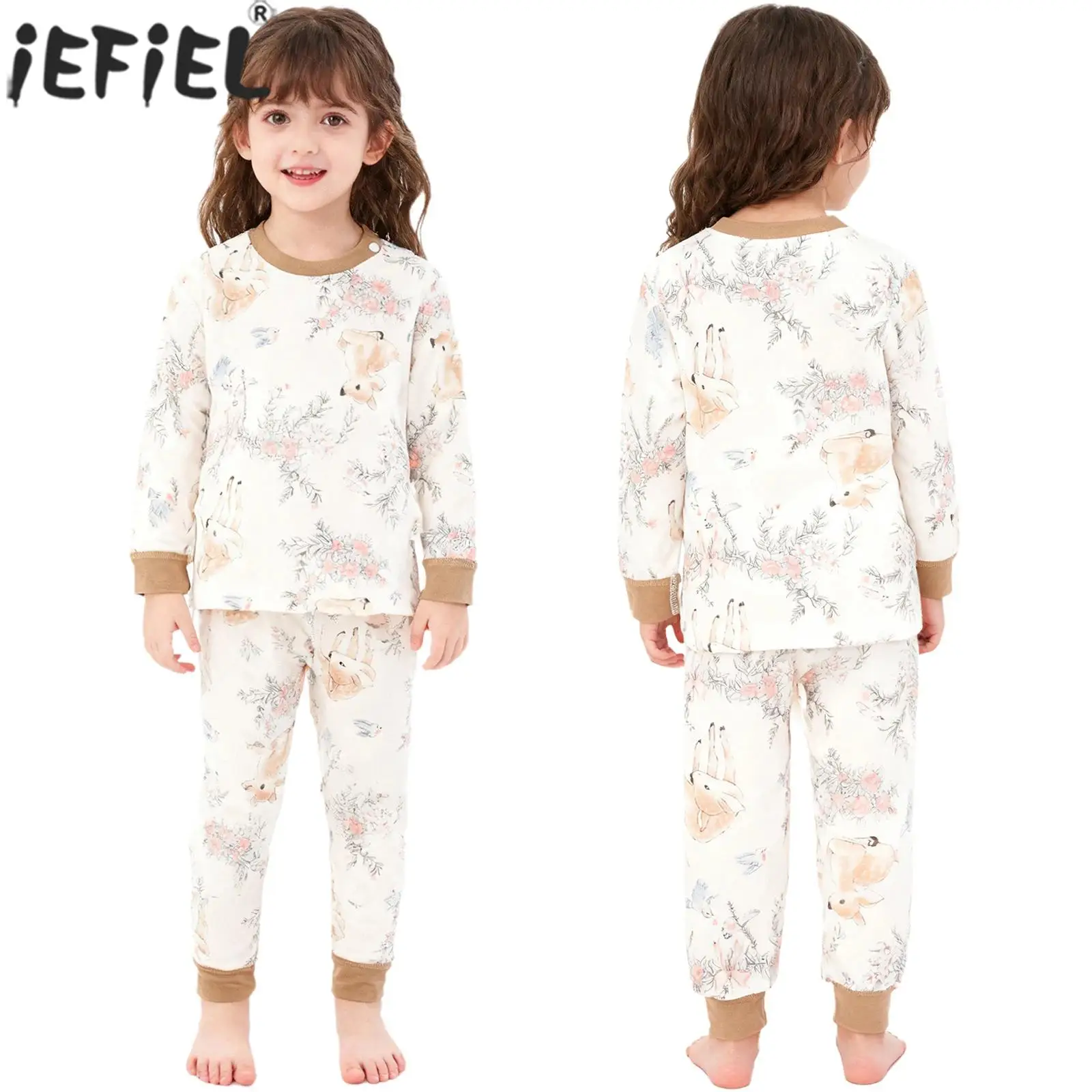 

Toddler Baby Winter Pajama Set Homewear Cotton Thermal Underwear Sleepwear Loungewear Long Sleeve Printed Top with Pants Set