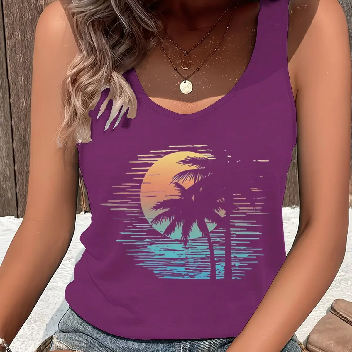 Women Vintage Retro Palm Tree Sunset Graphic Racerback Tank Top Summer Vacation Tropical Beach Sleeveless Basic-Fit Vest