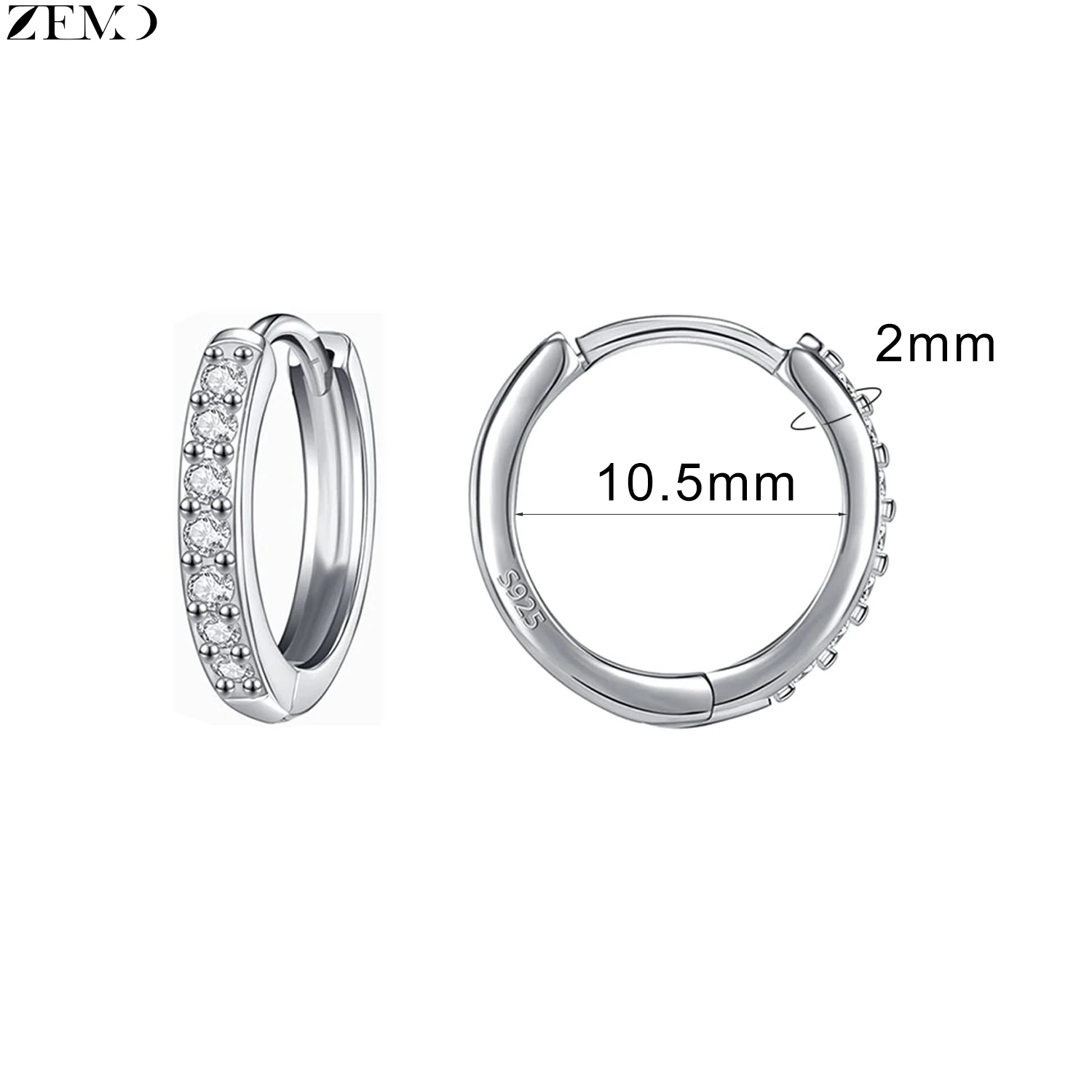 ZEMO 1-2pcs/lot 925 Sterling Silver Hoop Earrings CZ Crystal Round Earring 8.5/10.5/12.5MM Circle Tragus Helix Piercing Jewelry