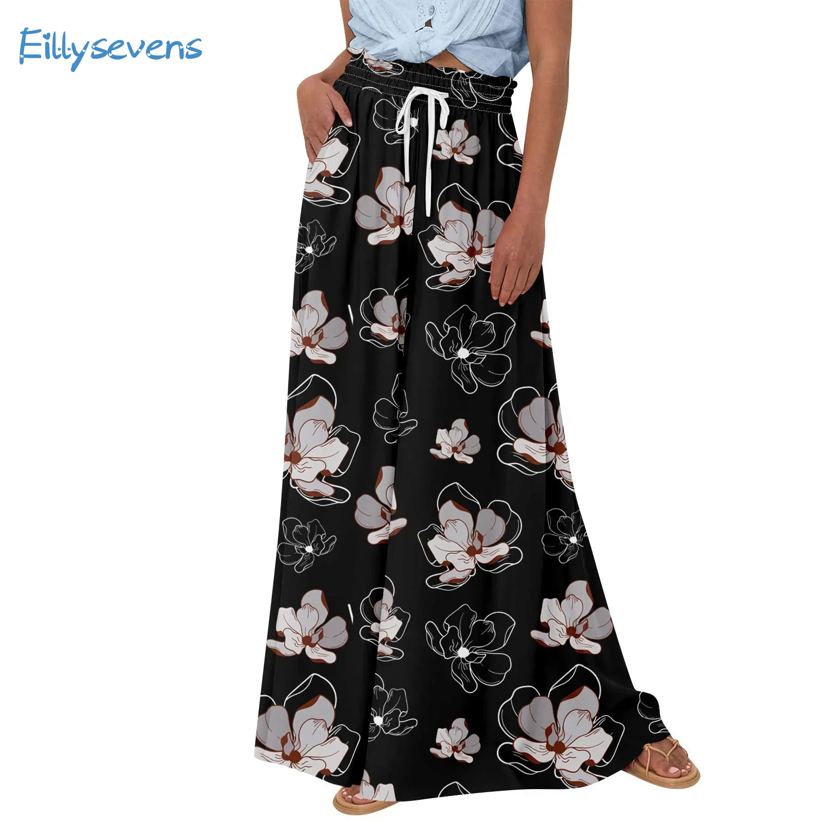 

Women'S Wide Leg Trousers Drawstring High Waisted Summer Casual Flowing Pants With Pockets Trend Retro Floral Print Beach Pants