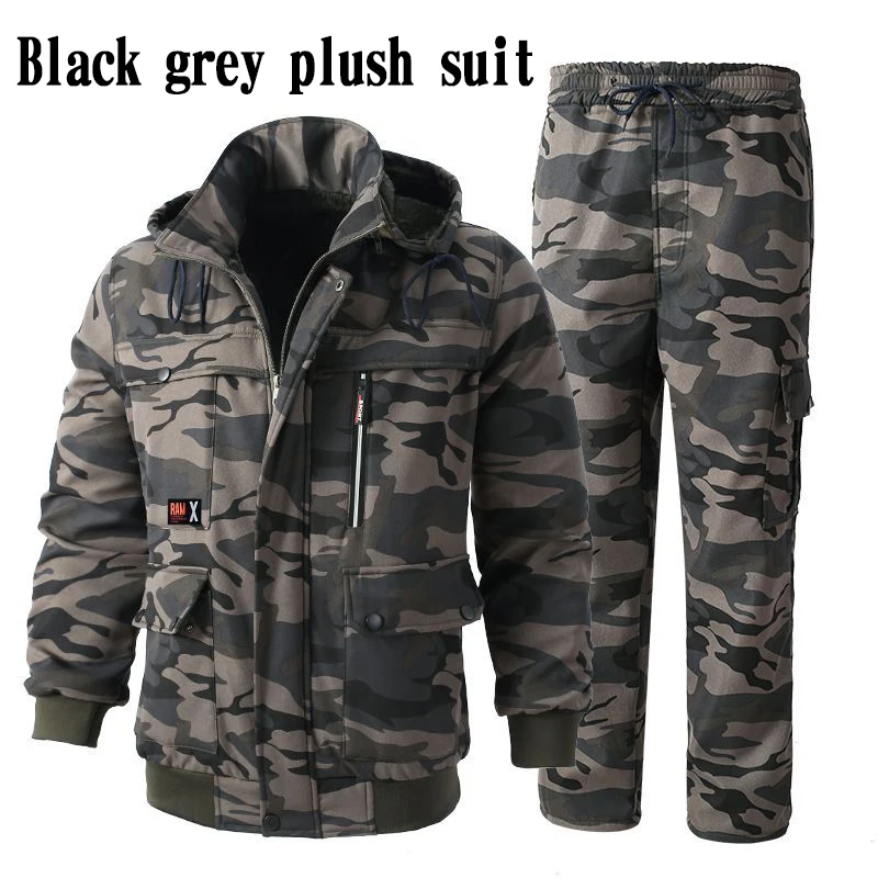 Men\'s Suit Thickened Velvet Cashmere Camouflage Warm Windproof Hooded Work Clothes Construction Machinery Labor Protection Cloth