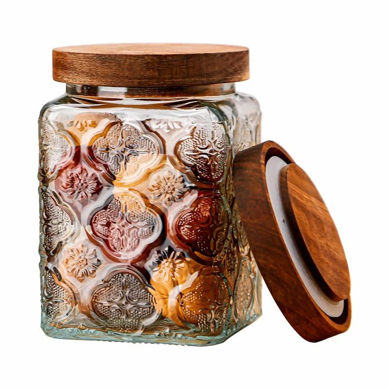 Retro Embossed Begonia Pattern Glass Jar Sealed Jar Storage Bottle Kitchen Miscellaneous Grains Snacks Bamboo Cover Storage Box