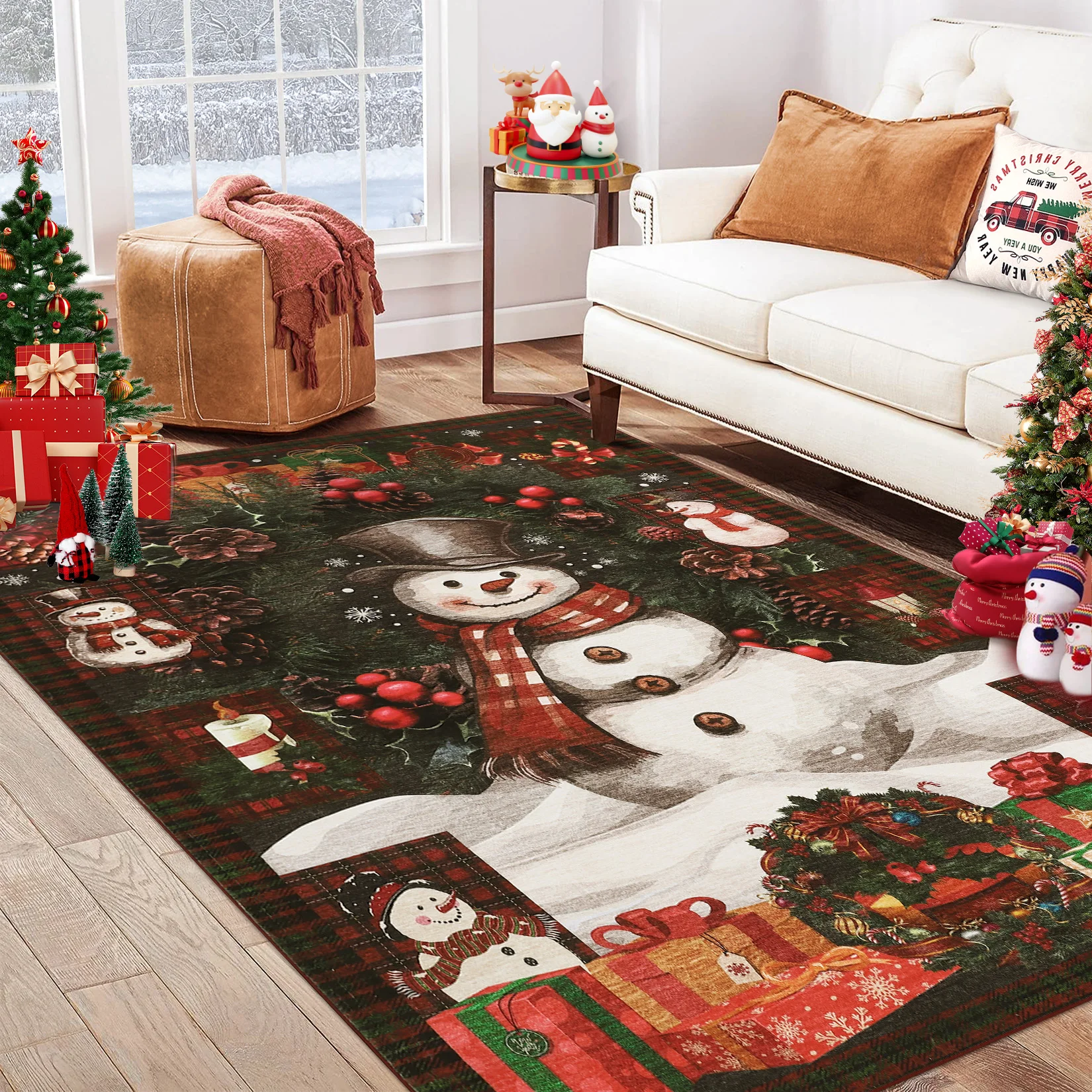 Christmas Snowman Area Rug - Non-Slip Low Pile Thin Accent Carpet Mat for Holiday Home Decor - Red & Green - 5x7FT