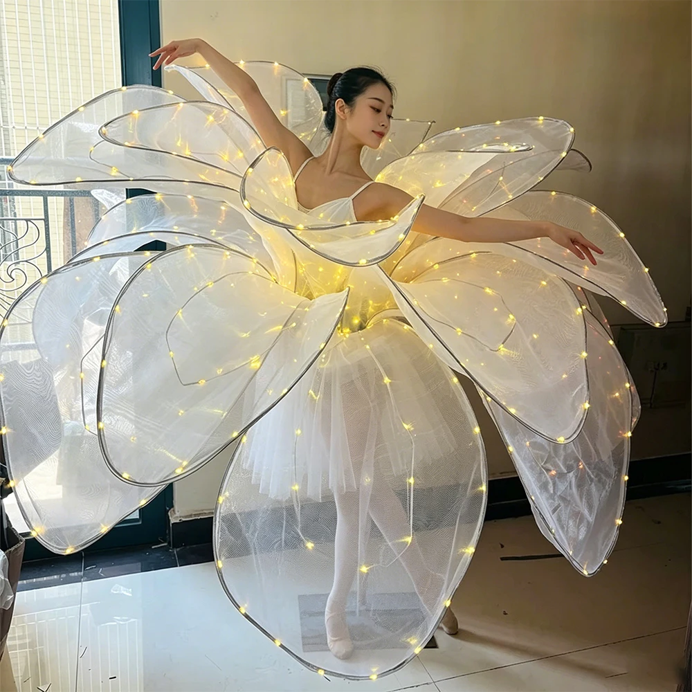 

LED Color Change White Petal Skirt for Flower Opening Dance Big Swing Blossom Modern Performance Dress Women's Glowing Skirt