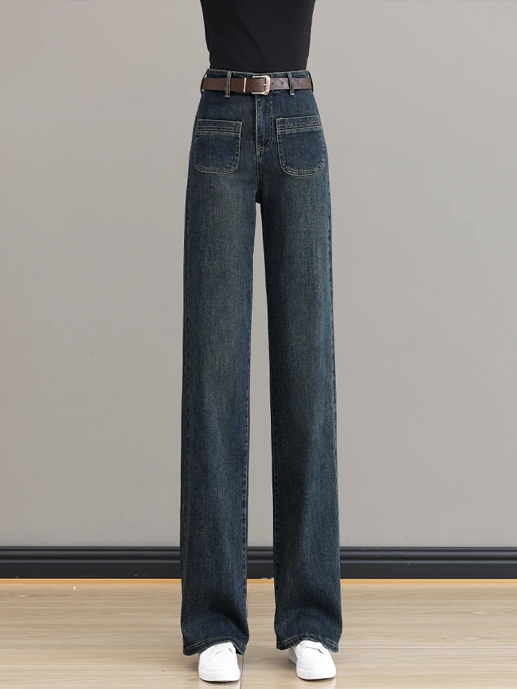 

Джинсы с высокой талией и широкими штанинами на флисовой подкладке, женские свободные повседневные брюки прямого кроя, осень-зима-весна, новый стиль, эффект похудения