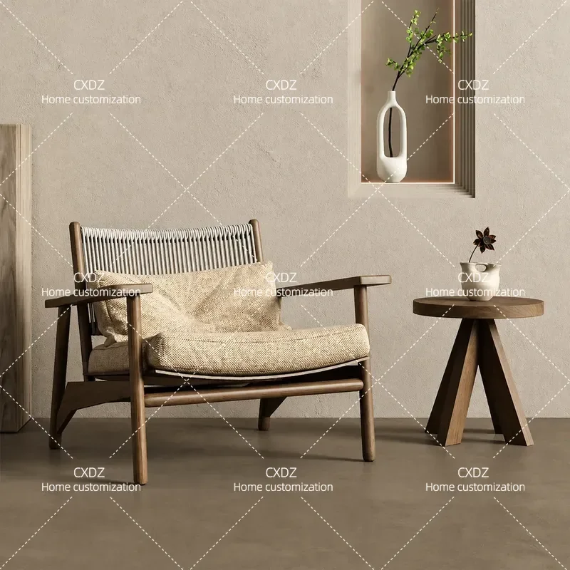 Solid Wood Single Sofa Chair with Soft Cushion Hotel Reception Armchair Lazy Lounge Chair for Balcony Courtyard Reading and