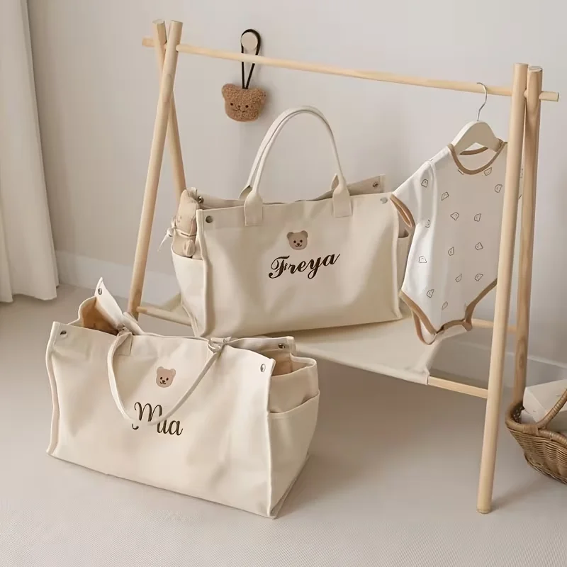 1Pc/3Pcs Personalized Custom Handbag, Portable Bag for Going Out, Large Capacity Canvas Mommy Bag, Embroidered Bear Casual Versatile Lightweight Handbag for Moms, Travel and Outing Storage Bag, Personalized Embroidered Bag
