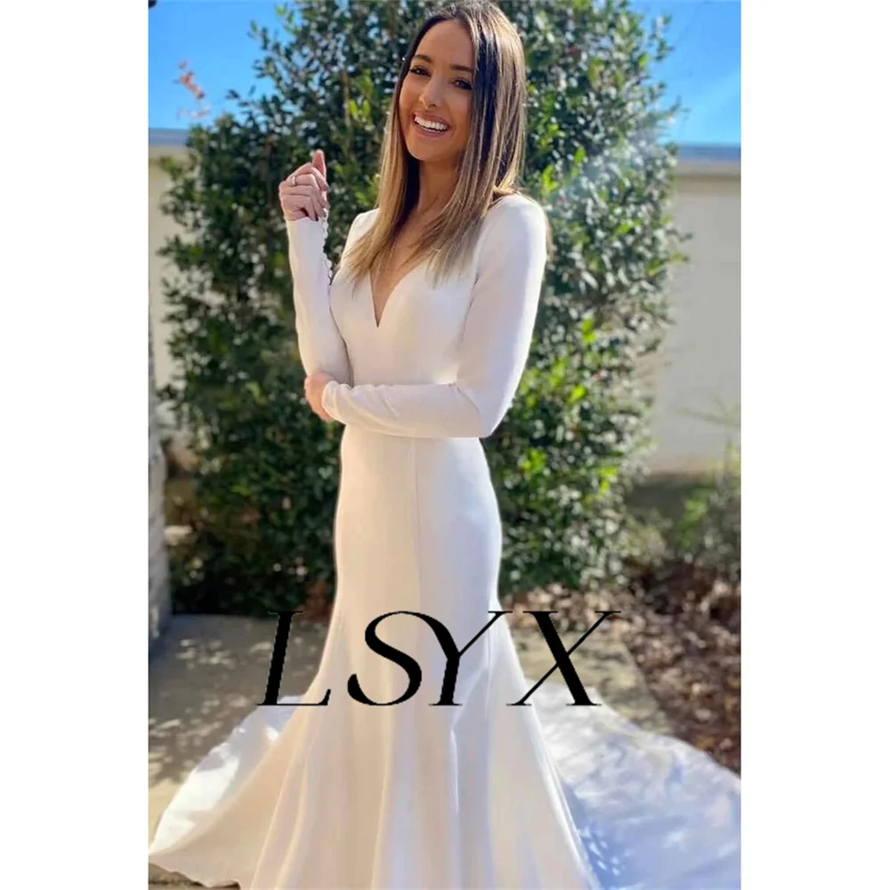 LSYX Deep V-Neck Long Sleeves Crepe Mermaid Wedding Dress For Women Button Cut Out Back Court Train Bridal Gown Custom Made