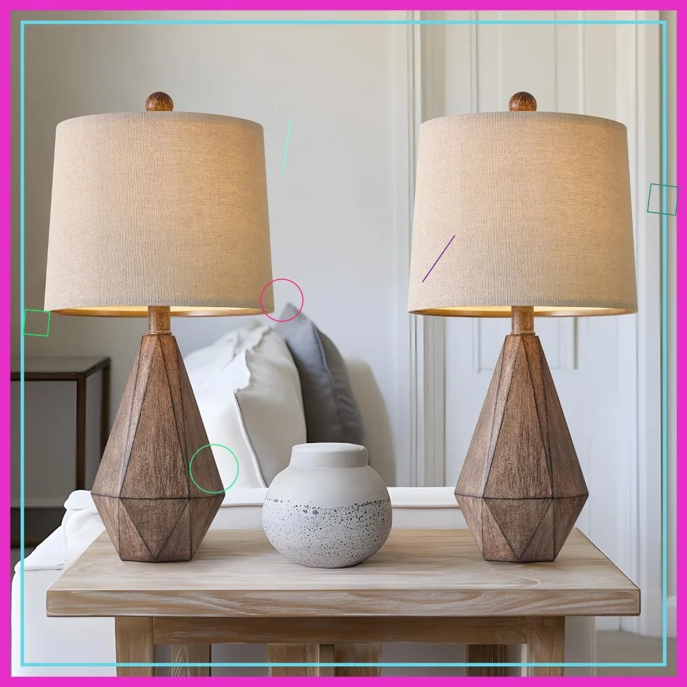 

Set of 2 Retro Farmhouse Table Lamps, Rustic Linen Design for Living Room, Bedroom, Office - Resin Base