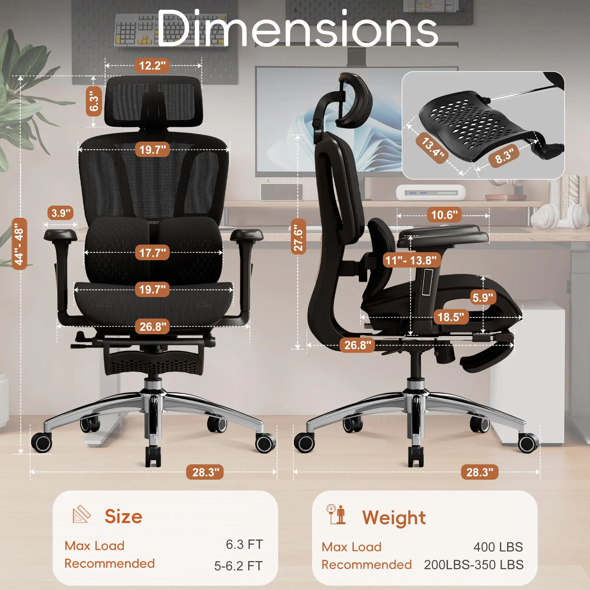 Ergonomic Office Chair with Footrest, Desk Chairs with Dynamic Lumbar Support & Adjustable Depth Breathable Mesh Seat