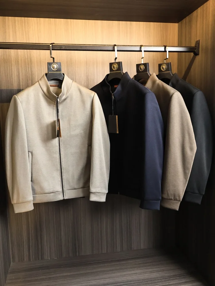 High-End Wool Blend Men's Fashion Jacket Stand Collar Spring Autumn  Color Business Style Youth Outerwear Coat