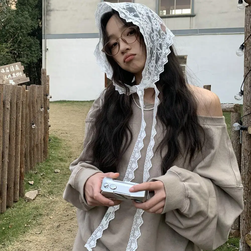 Syal Renda Antik Syal Leher Segitiga Jilbab Renda Bordir Bohemia Ikat Rambut Rajutan Bunga Y2k untuk Wanita Sapu Tangan Manis