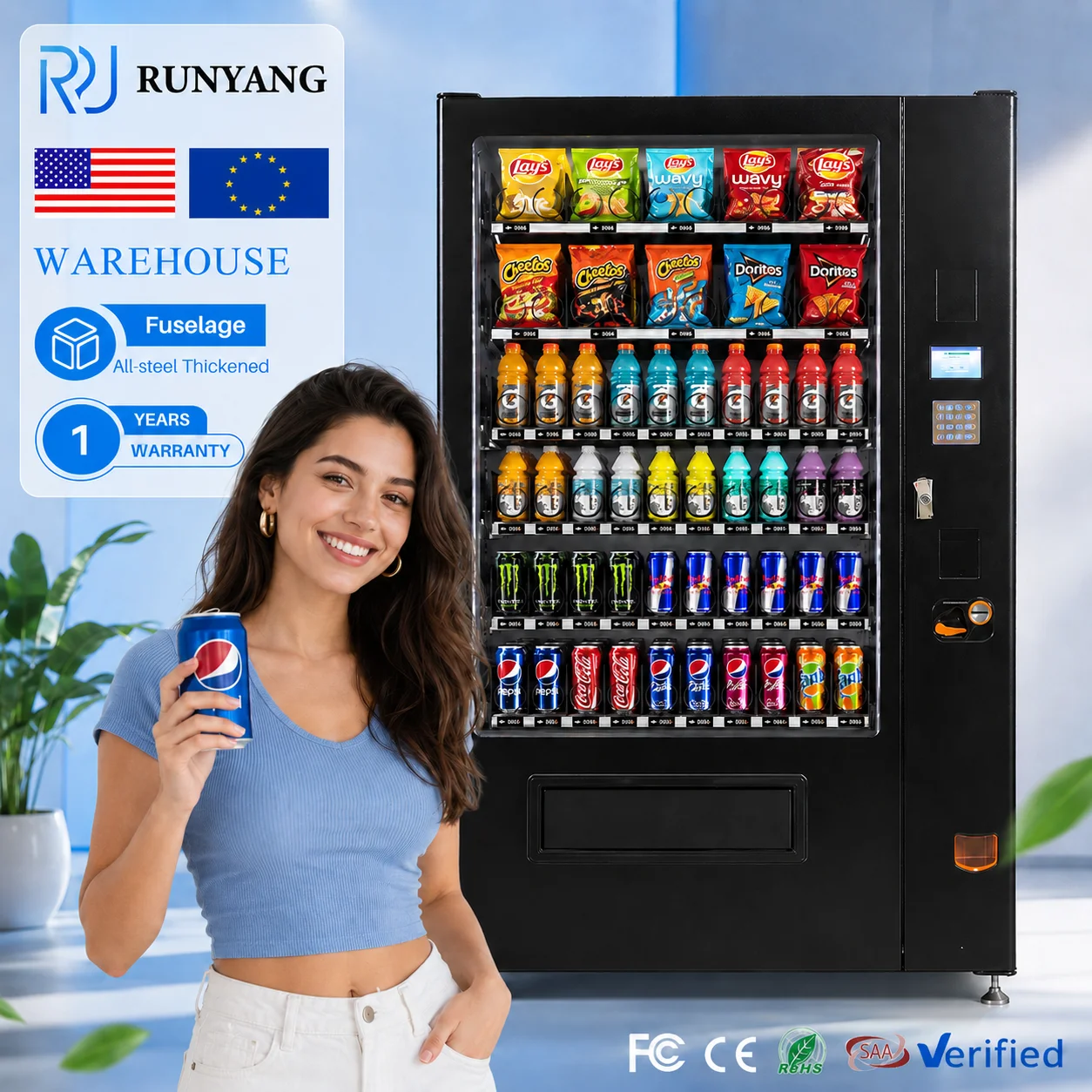 RUNYANG Factory Combo Soda Coin Snack and Drink Beverage Outdoor Coin Operated Vending Machine with Card Reader
