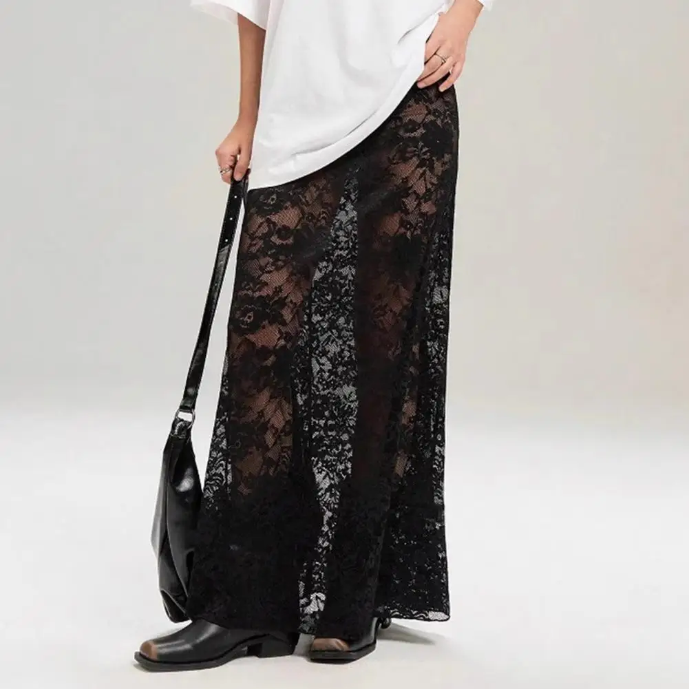 Black Women Lace Skirt Hip-Hugging Fishtail Skirt High Waist Slim Transparent Lace Fabric Maxi Skirt Banquets Dates Skirts