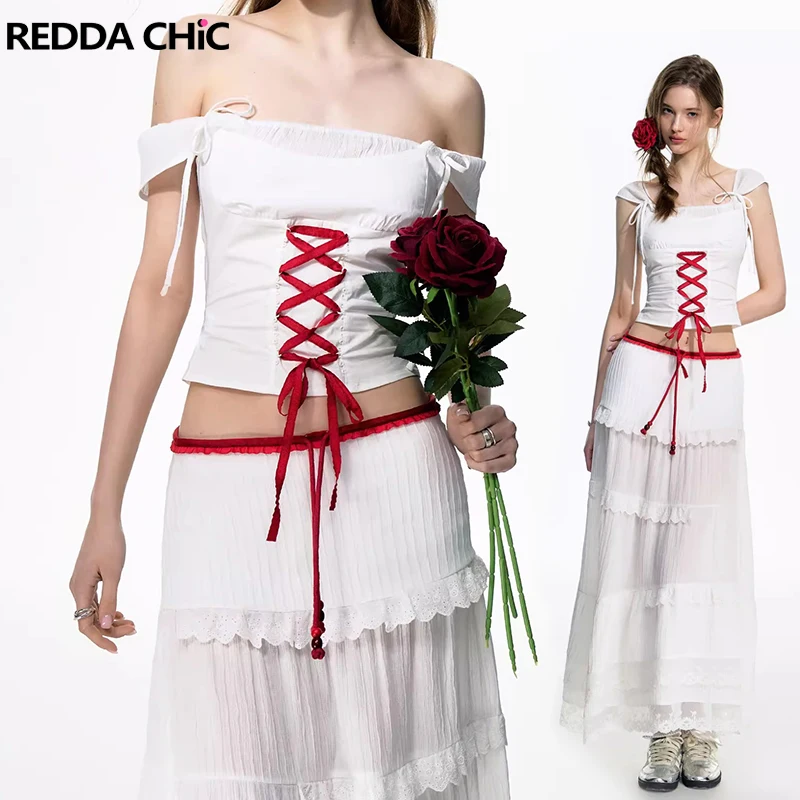 REDDACHiC Lace-up Crop Top Cake Skirt Set Women Summer Casual Striped White Top Lace Trim Maxi Long Skirt Holiday Boho Clothes