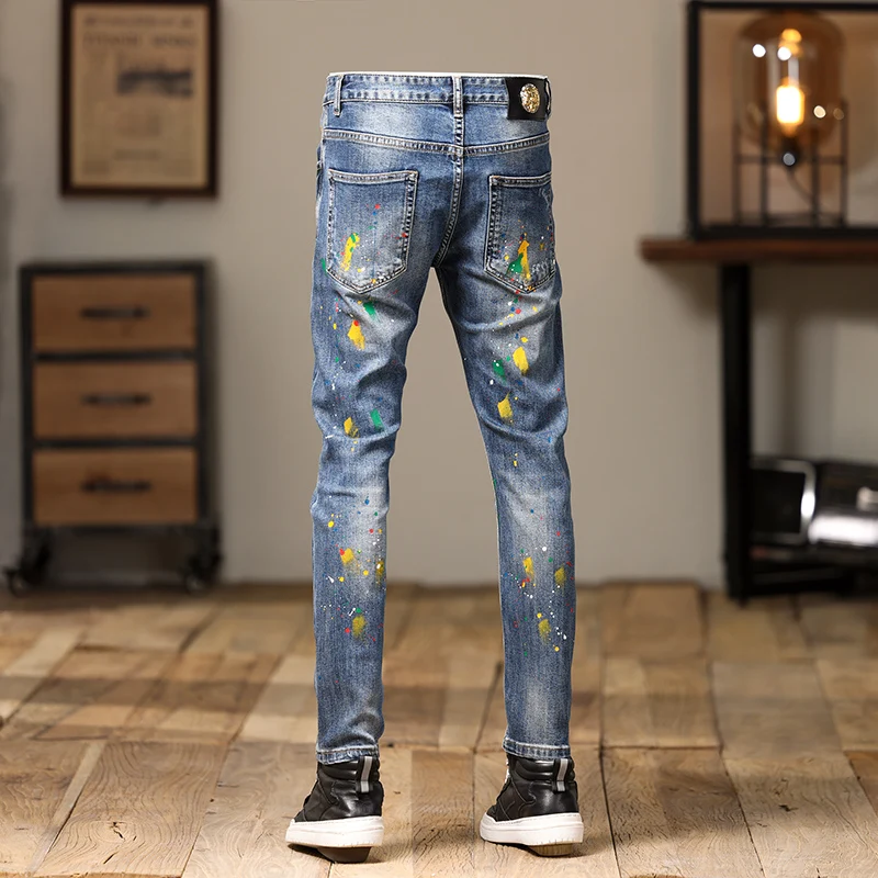 Streetwear Fashion Men Jeans Retro Blue Elastic Stretch Skinny Ripped Jeans Men Painted Designer Hip Hop Stretch Pants Hombre