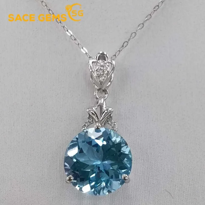 

SACE GEMS S925 Sterling Silver 12*12MM Natual Sky Blue Topaz Pendant Necklaces for Womne Engagement Cocktail Party Fine Jewelry