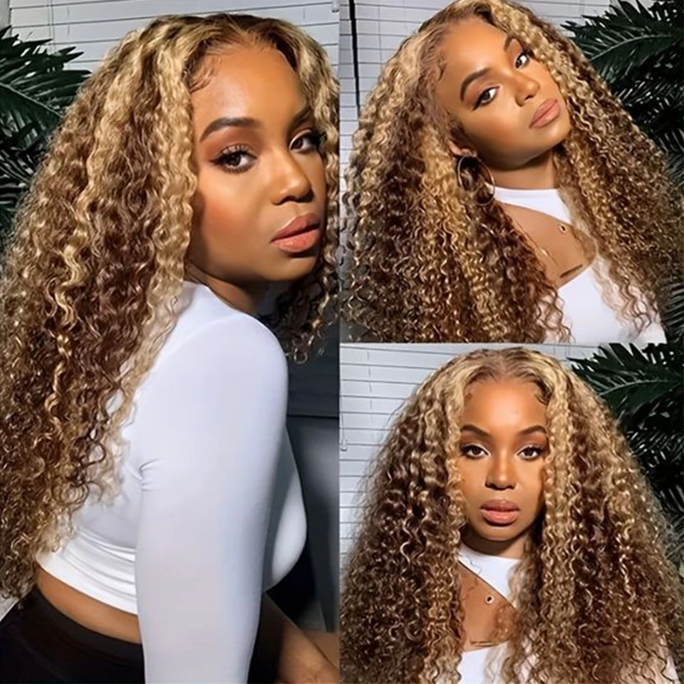 

Highlights Honey Brown Blonde Colored 13x4x1 Lace T Part Wig Kinky Curly Human Hair Wigs For Women Pre-Plucked Clearance Sale