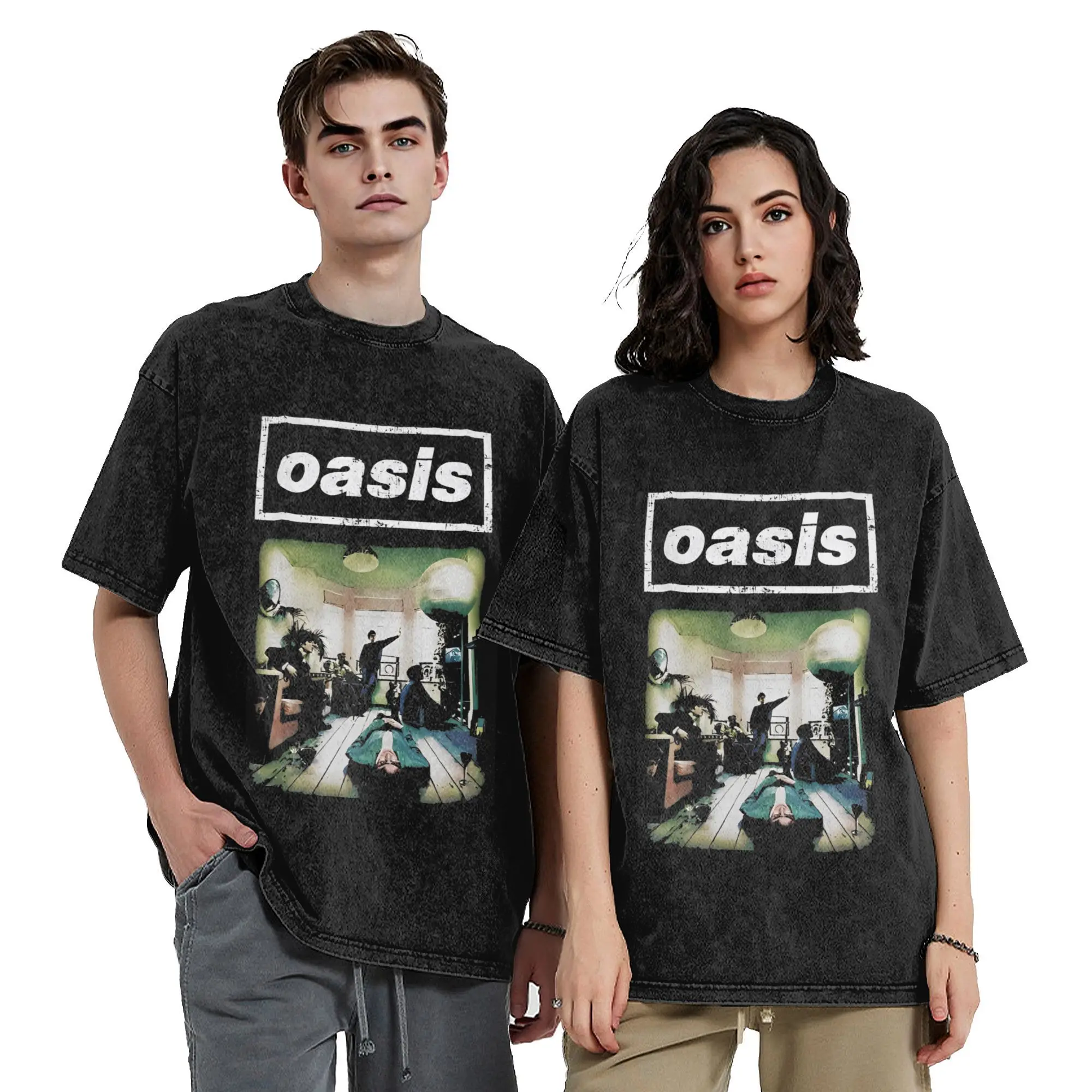 O-Oasis Band 90's Music Pop Rock Vintage Washed T Shirt for Men Women Pure Cotton Vintage T-Shirt Round Neck  Tees Plus Size