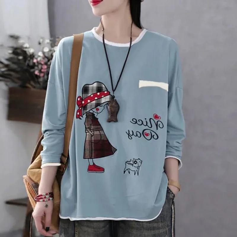 Fashion O-Neck Loose Cartoon Long Sleeve Casual T-Shirt Female Clothing 2023 Autumn New Oversized Tops Korean Tee Shirt