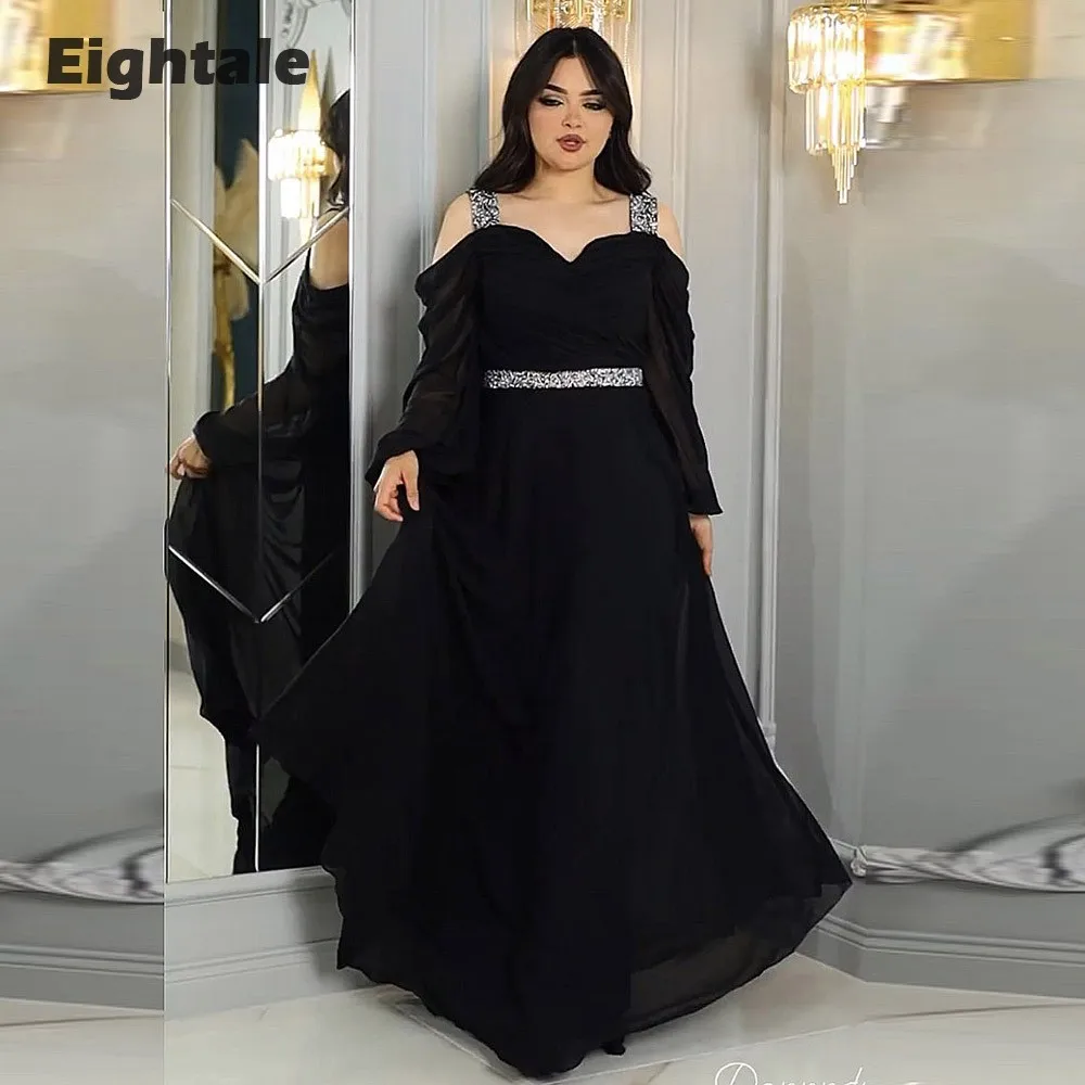 

Eightale Arabic Evening Dresses for Wedding Party Long Puffy Sleeves Beaded Black V-Neck A-Line Formal Celebrity Prom Gowns