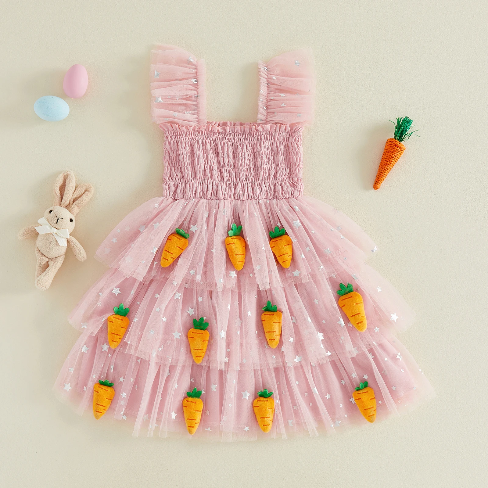 1-6Y Little Toddler Girl Easter Dress Costume Casual A Line Carrot Patch Star Smocked Flying Sleeve Ruffled Mesh Party Dresses