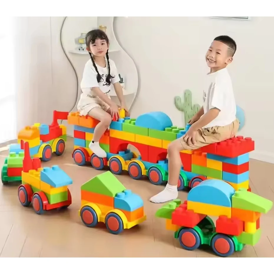 Colorful Plastic Building Blocks With Cars Wheels Large Puzzle Cart Assemble Toy