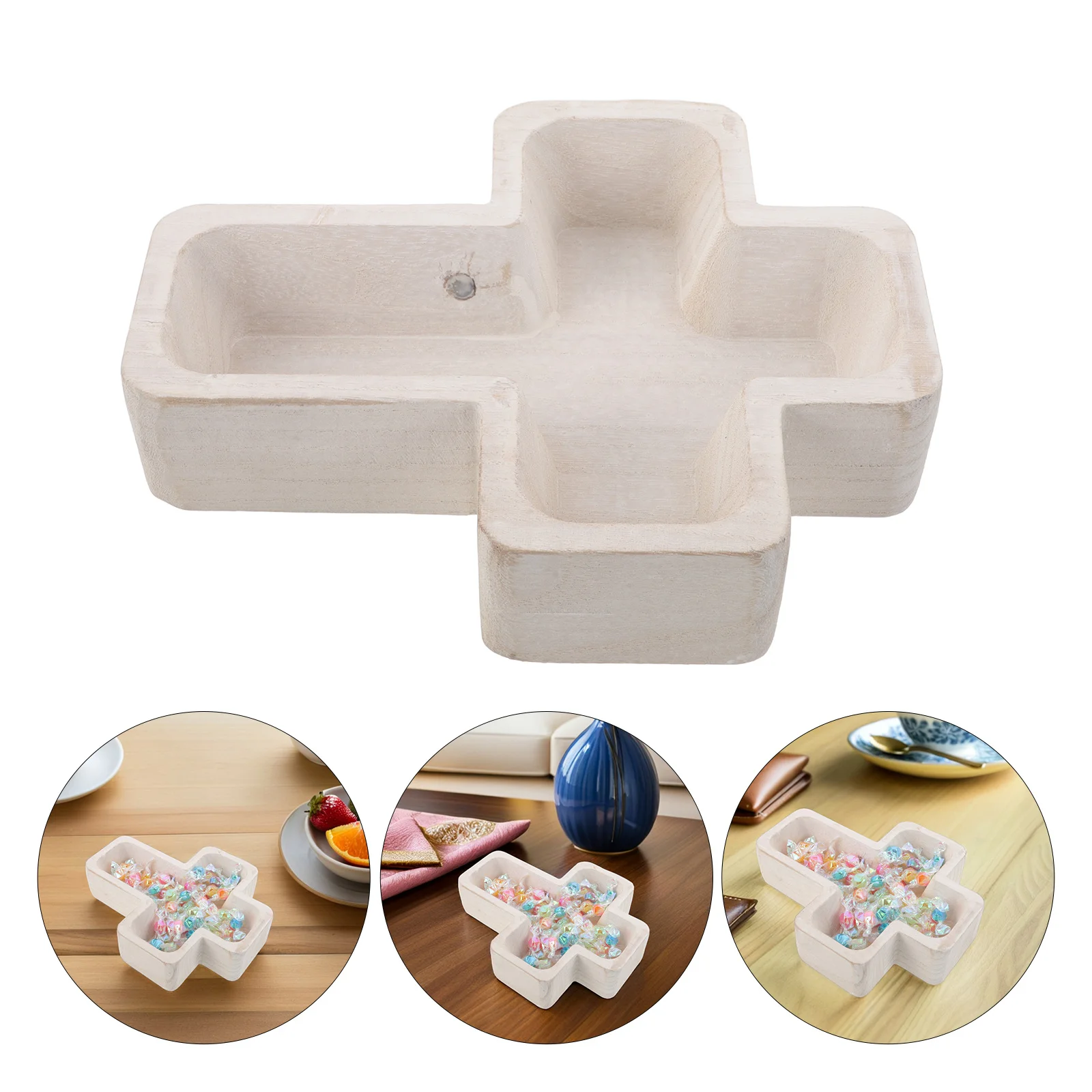 

Smooth Finish Cross Shaped Wood Serving Tray Natural Texture Fruit Candy Snack Dish Decorative Centerpiece for Home