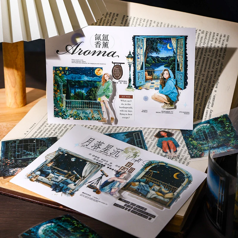 200cm/Roll PET Tape Night View Garden Window Landscape Character Pattern Hand Account Landscape Tape Creative DIY Decoration