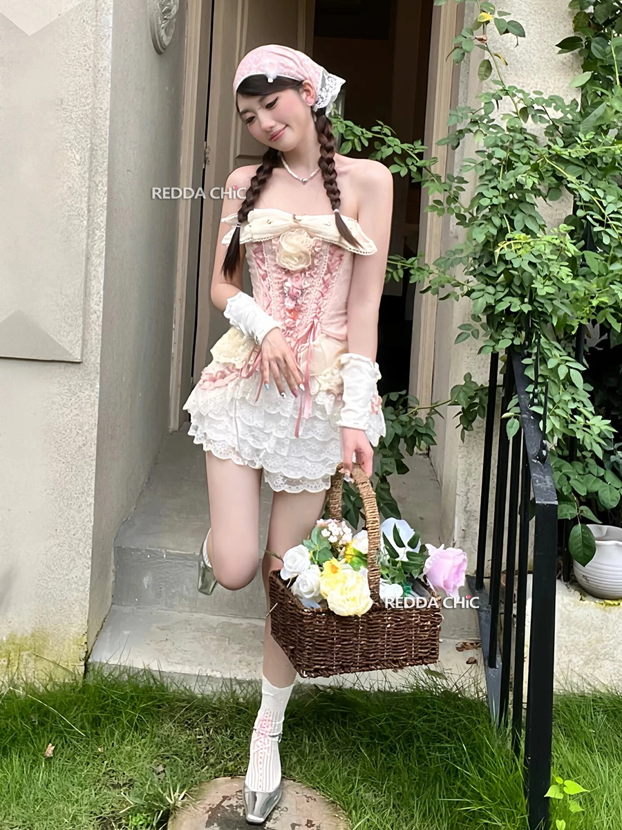 REDDACHiC Lolita Women Bowknot Corset Mini Cake Skirt Set Floral Coquette Lace-up Tube Top Lace Frilly Skorts Summer Clothes