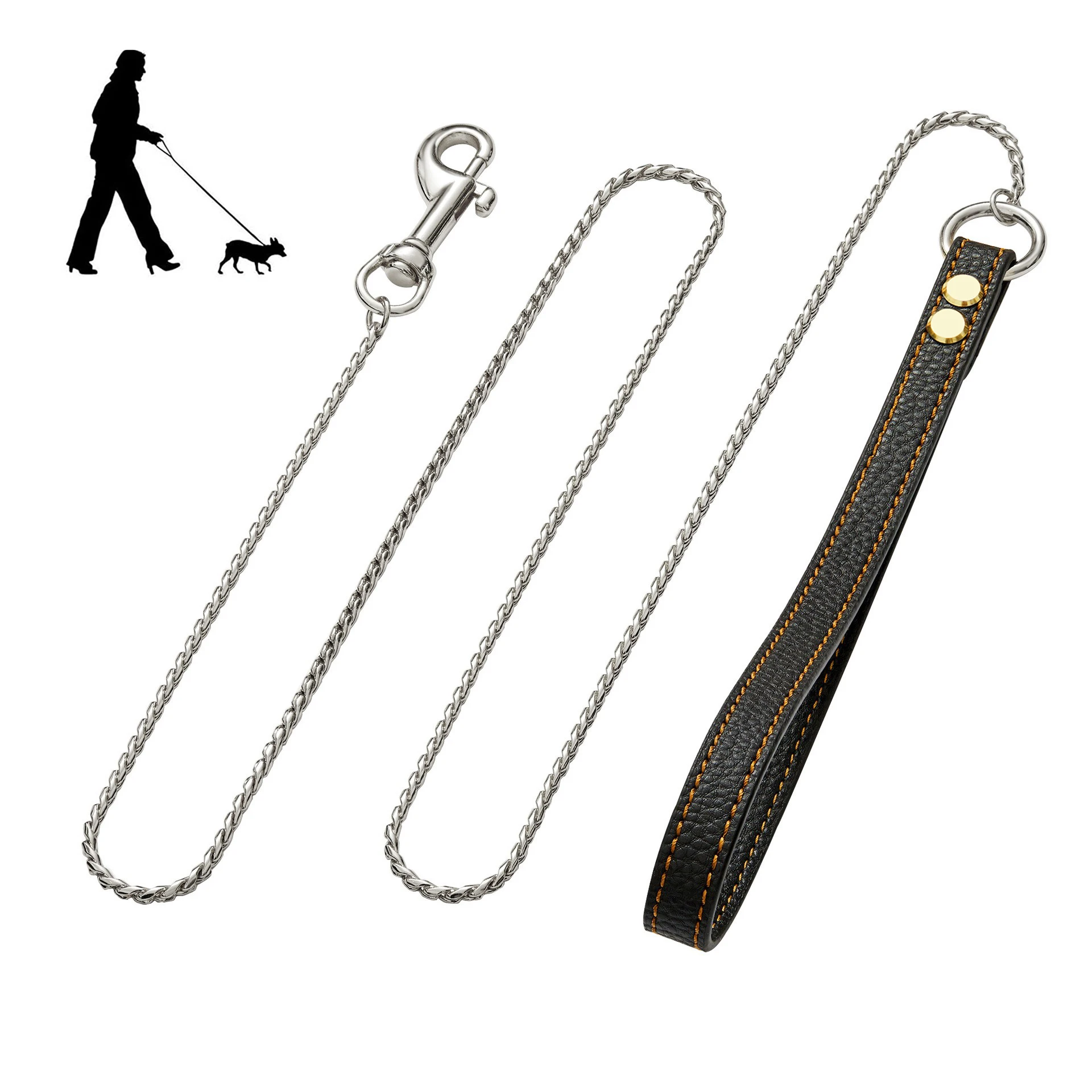 

Metal Dog Lead Silver Stainless Steel Chain 4MM Wide Pet Leash with Leather Handle Training