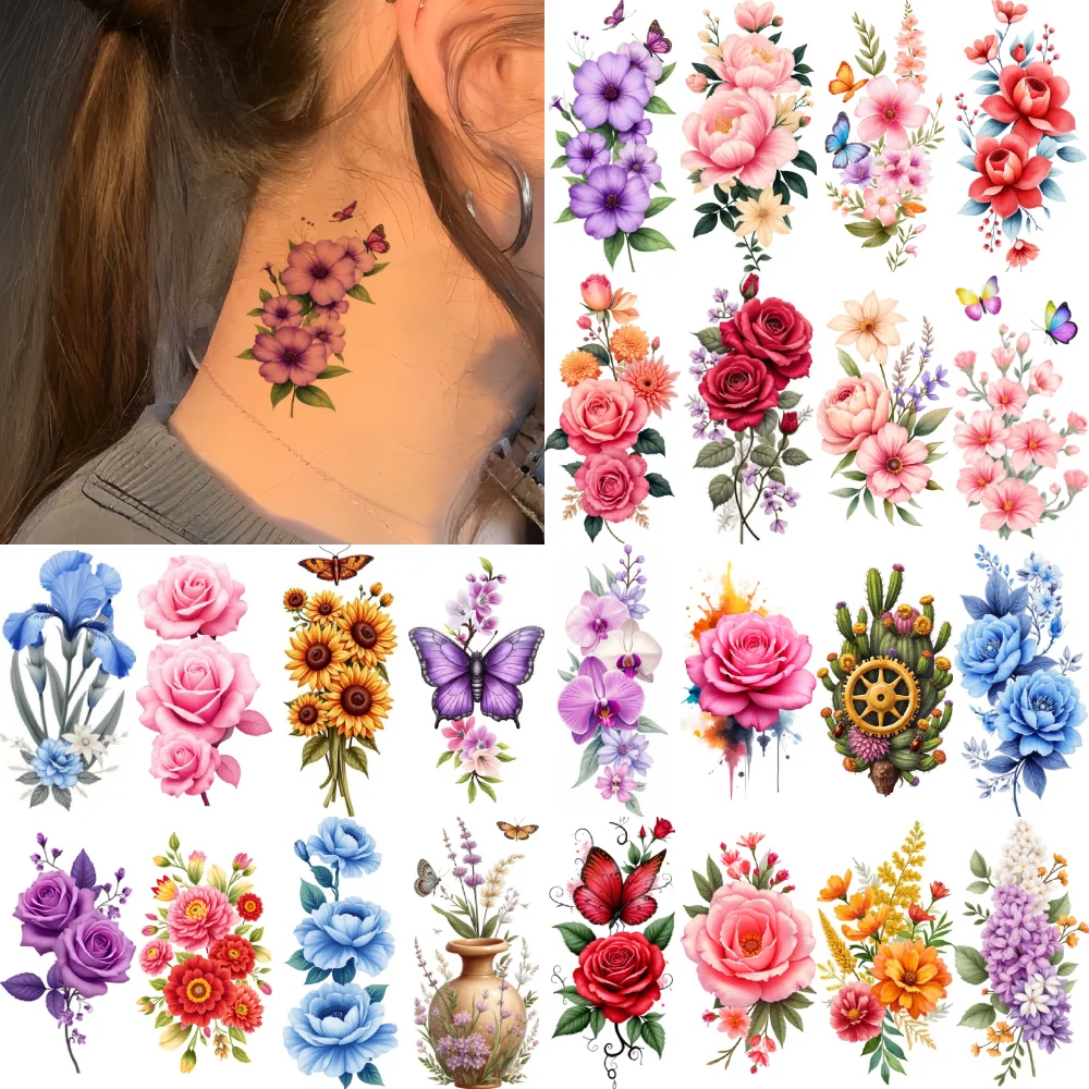 9pcs Temporary Tattoo Butterfly Colorful Temporary Tattoo Floral Patterns Waterproof Long-lasting Body Stickers For Male
